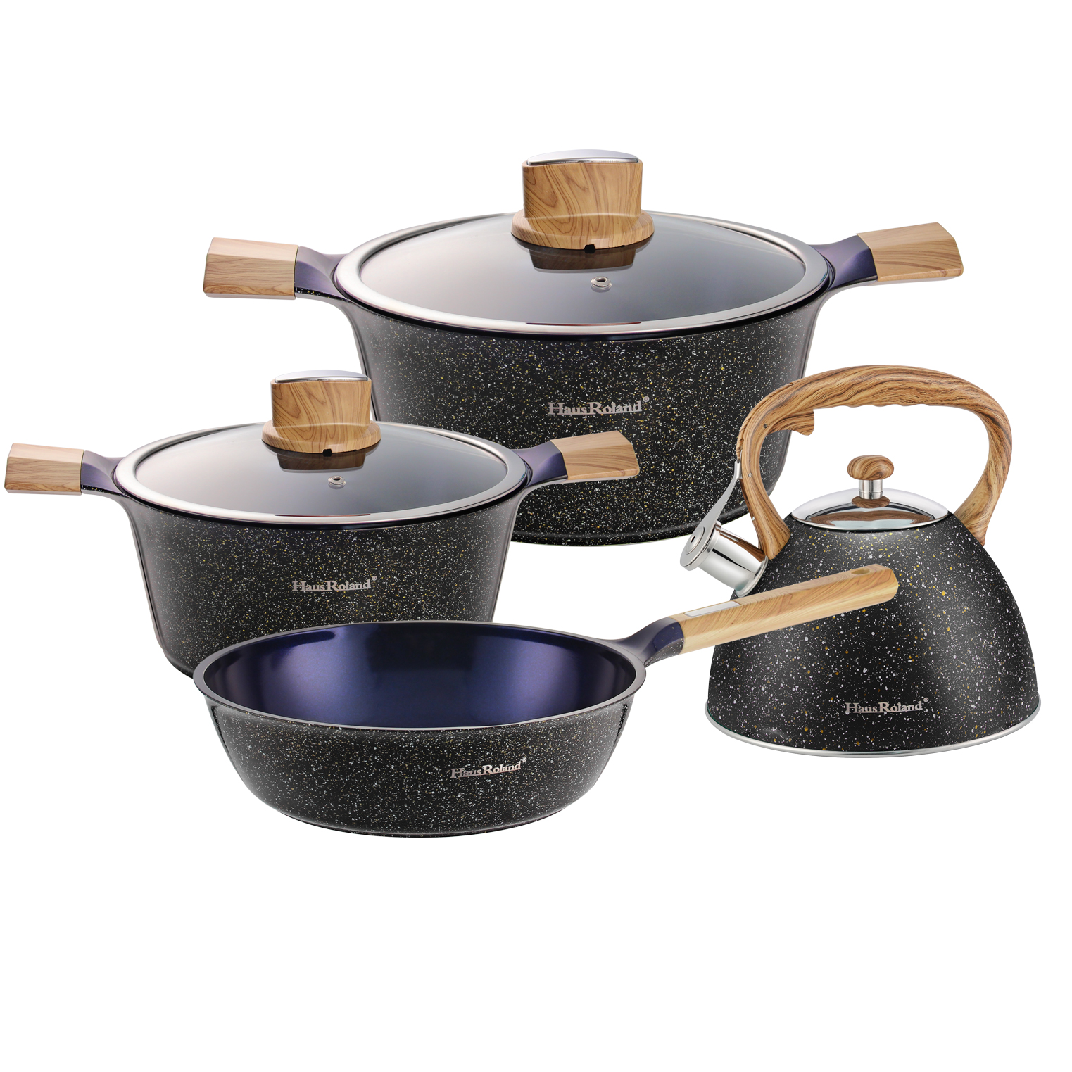 Goldensea New Design 7pcs Non-Stick Aluminum Cookware Set Whistling Kettle With Frying Pan