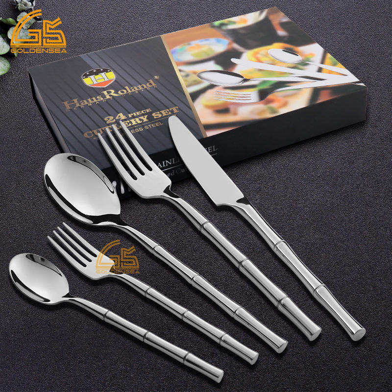 Bamboo Shape 24 Pcs Customize logo Black Cutlery Set Stainless Steel Hand Forged Flatware Set for 8 Person