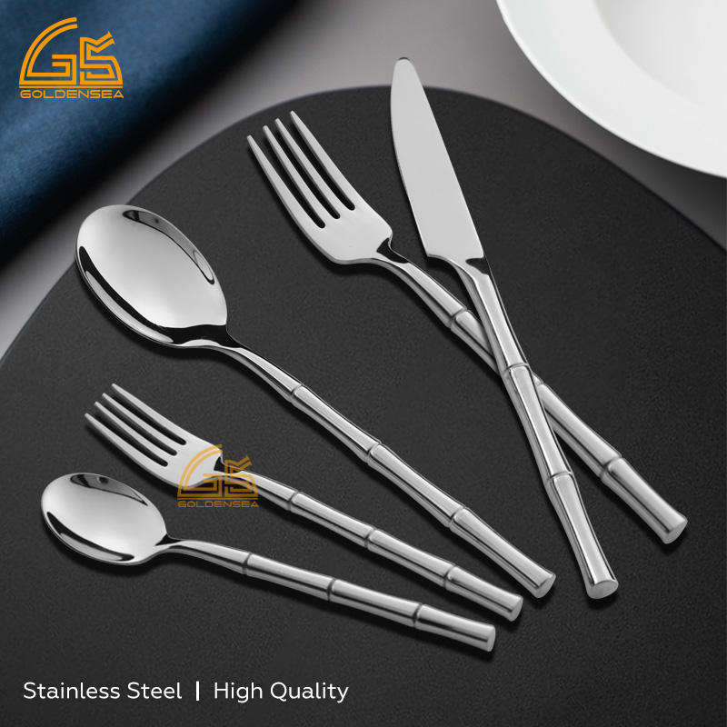 Bamboo Shape 24 Pcs Customize logo Black Cutlery Set Stainless Steel Hand Forged Flatware Set for 8 Person