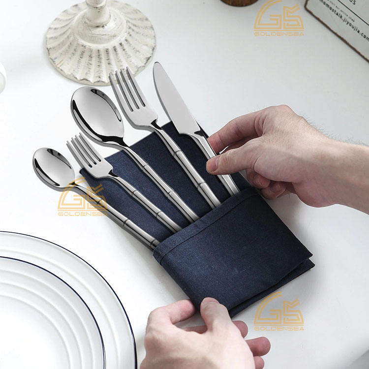 Bamboo Shape 24 Pcs Customize logo Black Cutlery Set Stainless Steel Hand Forged Flatware Set for 8 Person