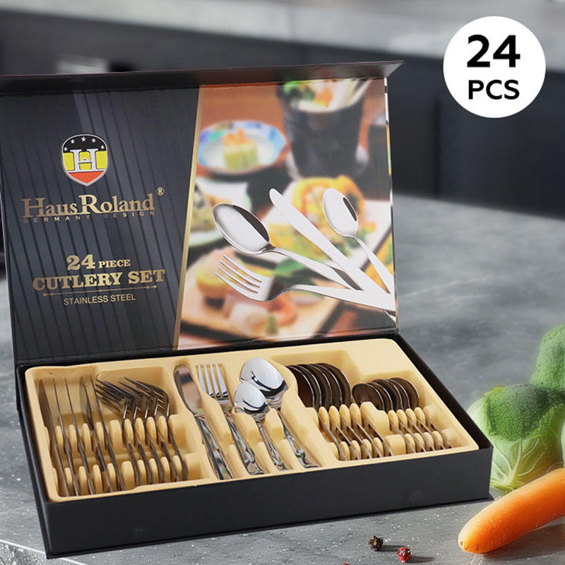 China Dinnerware Set 2024 Gold Golden 24 Pieces Dinner Metal Stainless Steel Cutlery Set with logo