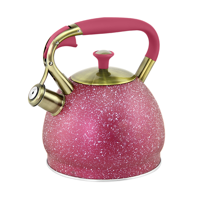 Goldensea New Design Stainless Steel Whistling Kettle Marble Color Coating Stove Top Tea Pot With Zinc-alloy Handle