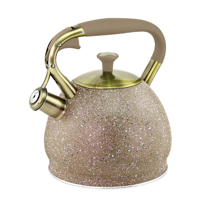 Goldensea New Design Stainless Steel Whistling Kettle Marble Color Coating Stove Top Tea Pot With Zinc-alloy Handle