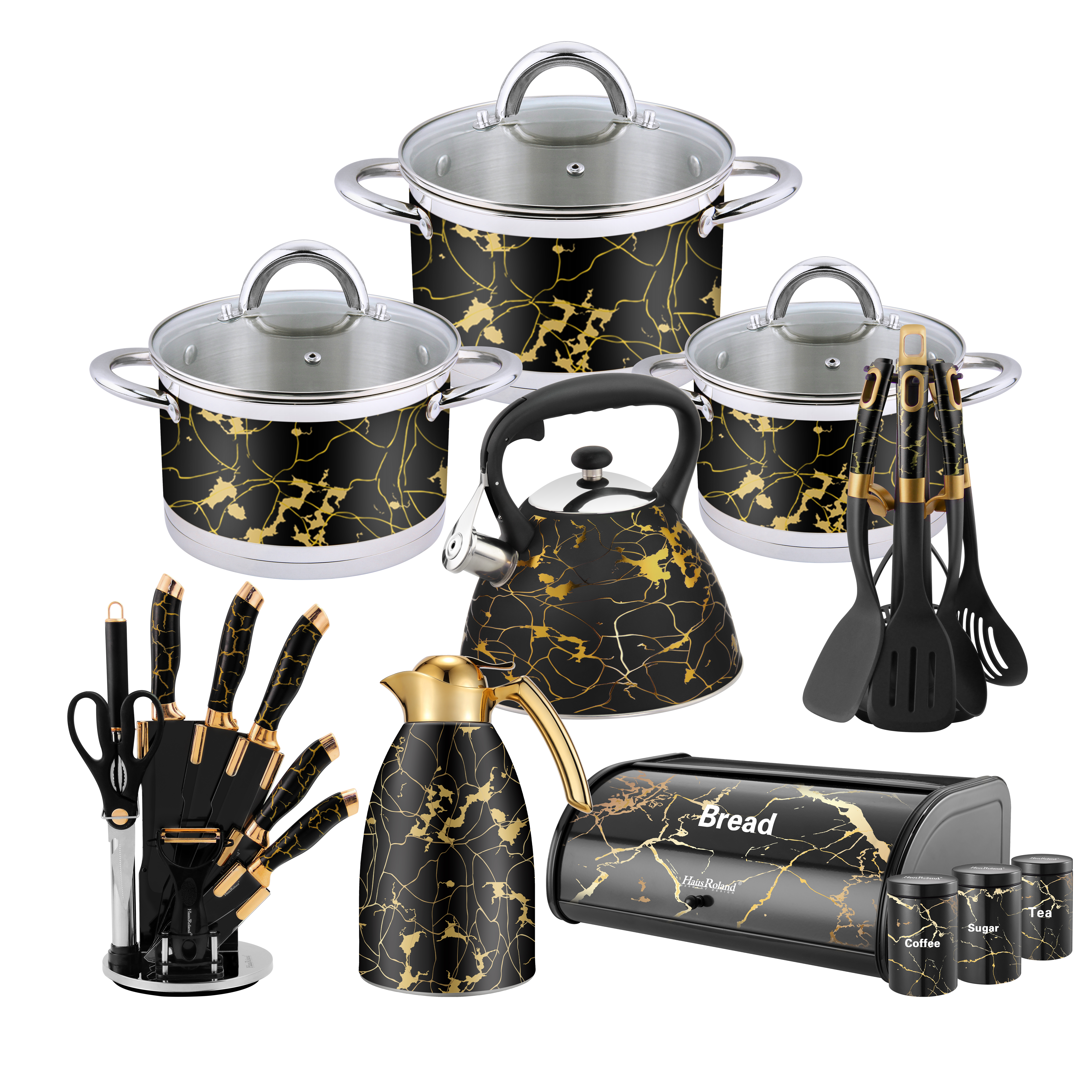 Goldensea Wholesaler Factory New Design 28pcs Stainless Steel Cookware Set Induction Stove Top Kettle With Black Gold Color Coating