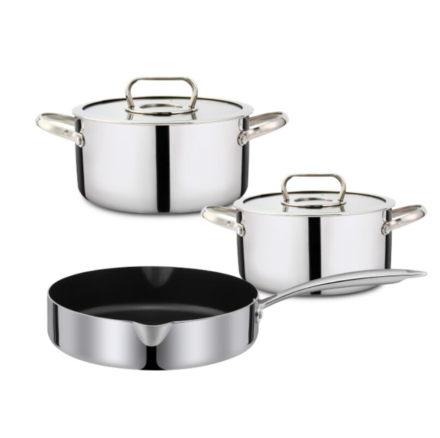 Goldensea Factory Price New 5pcs Design Triply Stainless Steel Cookware Set Casserole Pot With Non Stick Frying Pan