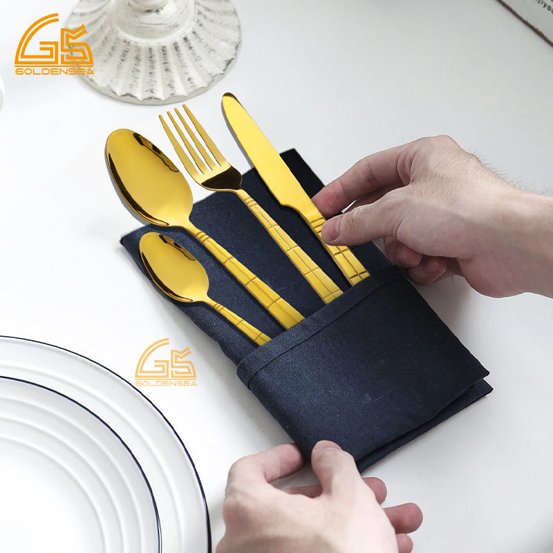 China Dinnerware Set 2024 Gold Golden 24 Pieces Dinner Metal Stainless Steel Cutlery Set with logo