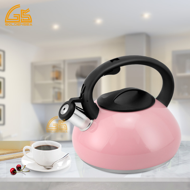 Goldensea Stainless Steel Whistling Water Tea Kettle Singel Bottom Stove Top Teapot With Color Coating.