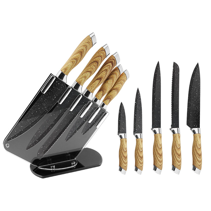 New Arrival 6 Pcs swiss Line High Quality Competitive Price Cooking Gold Chef Knife Set with Acrylic Stand for Gift Set