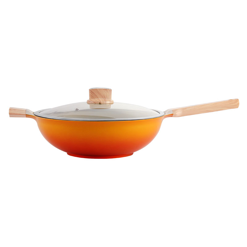 Goldensea New Design Aluminum Frying Pan Induction Wok Pot With Wooden Coating Handle