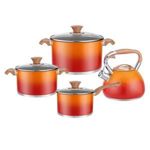 Goldensea Factory Price New Design Wholesaler Stainless Steel Cookware Set Gradient Color Coating Saucepan Producer With Whistling Water tea kettle