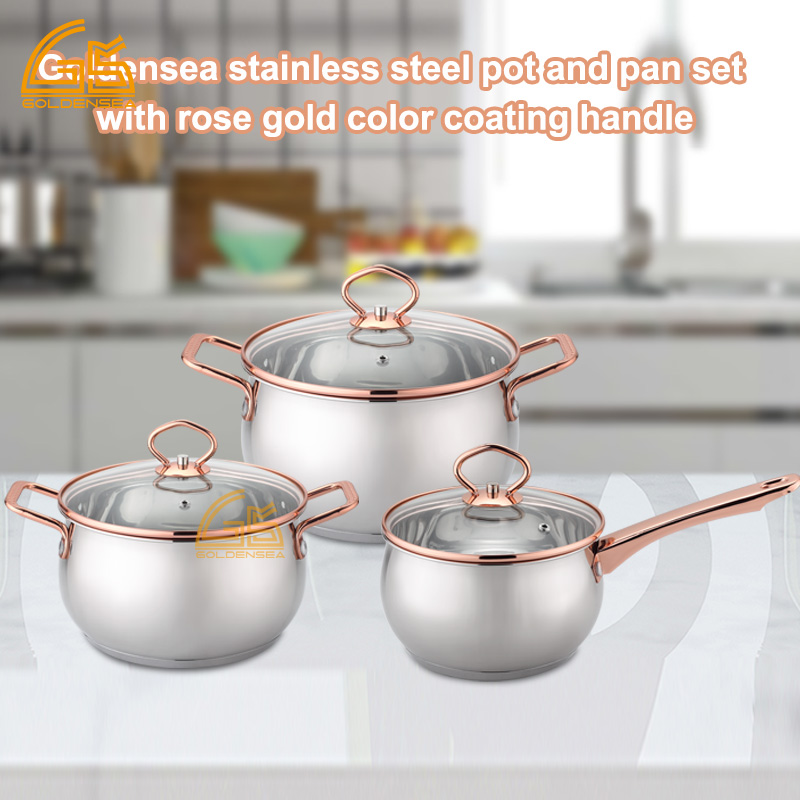 Goldensea Manufacturer Hight Quality 6pcs Stainless Steel Cookware Set Saucepan With Rose Gold Color Coating.