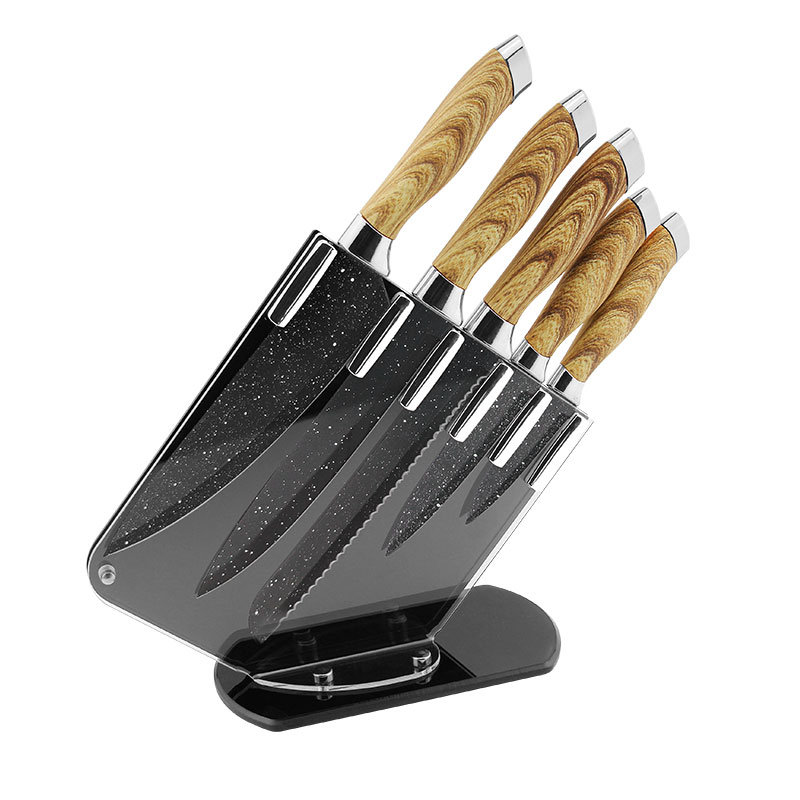 New Arrival 6 Pcs swiss Line High Quality Competitive Price Cooking Gold Chef Knife Set with Acrylic Stand for Gift Set
