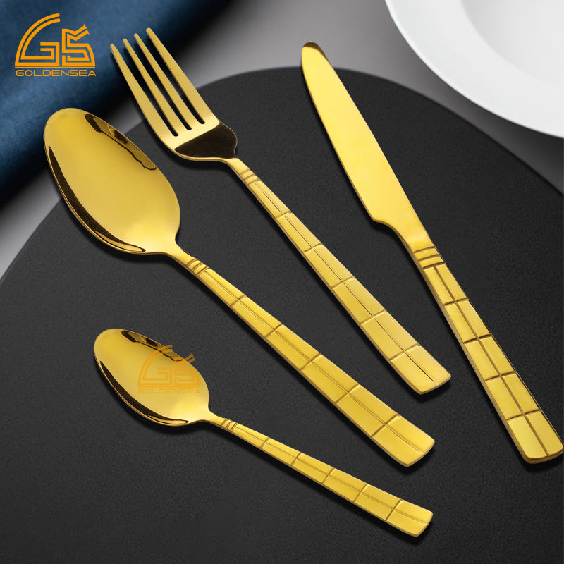 China Dinnerware Set 2024 Gold Golden 24 Pieces Dinner Metal Stainless Steel Cutlery Set with logo