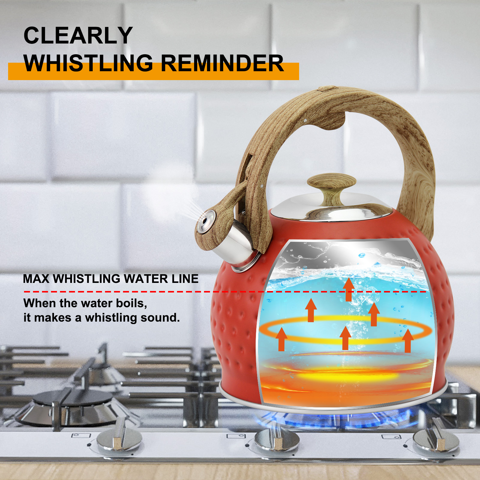 Goldensea Hammered Shape Stainless Stee Whistling Water Tea Kettle Induction Botton Stove Top Teapot With Nylon Handle