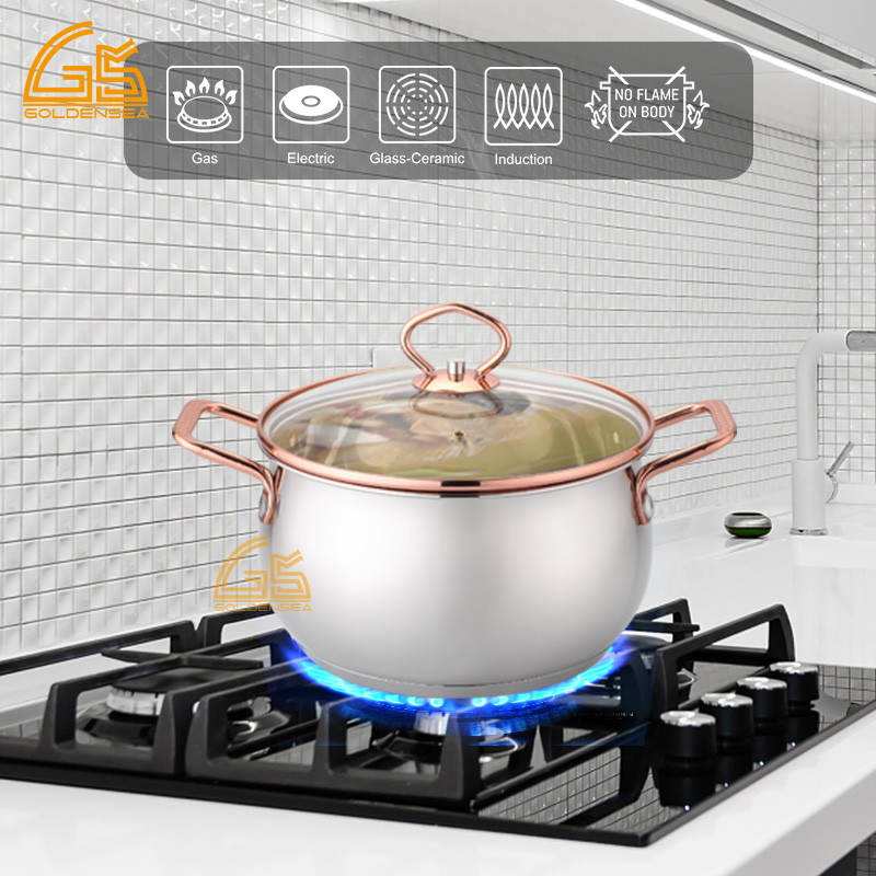 Goldensea Manufacturer Hight Quality 6pcs Stainless Steel Cookware Set Saucepan With Rose Gold Color Coating.